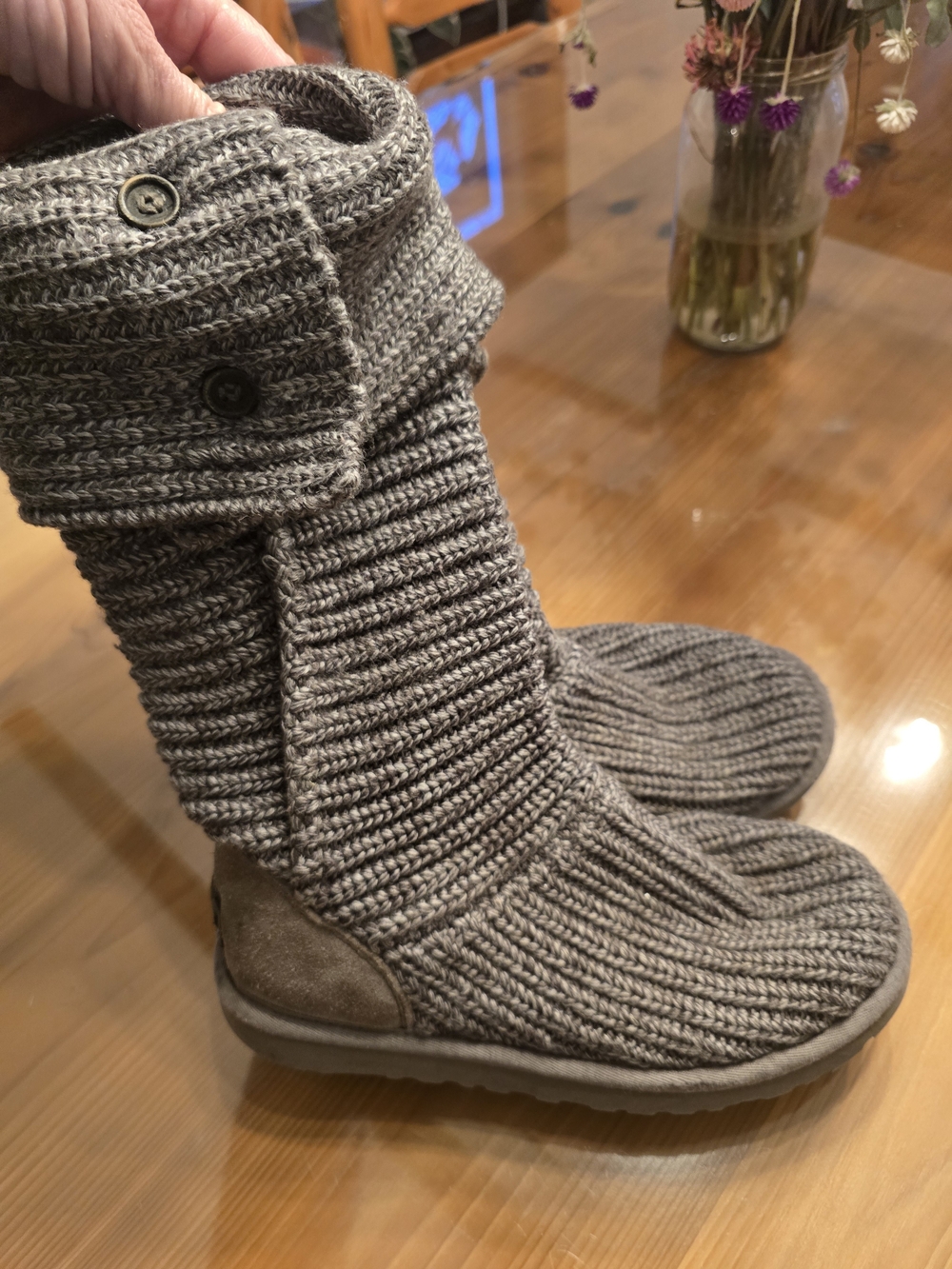 UGG Women's Knit Fold-Over Tall Booties Sheepskin Upperlining- Gray Size 6
